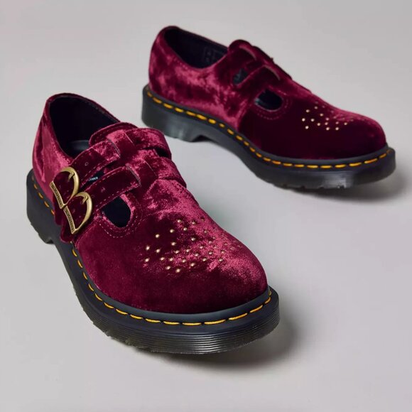 Dr Martens 8065 Velvet Mary Jane Shoes Womens 7 Cherry Red Twee Y2K Whimsygoth - Picture 1 of 6